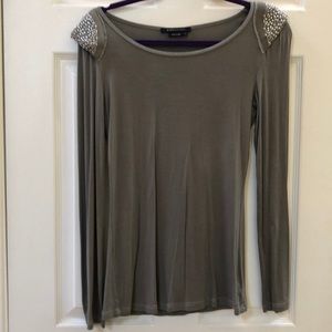 BCBG soft long sleeve greenish grey top rhinestone